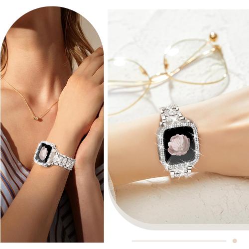 Bling Watch Bands with Bling Case for Women Compatible with Apple Watch Band 49mm Elegant Dressy Jewelry Replacement Metal Link Wristband Protector Cover for iWatch Series Ultra 3/2/1 Starlight