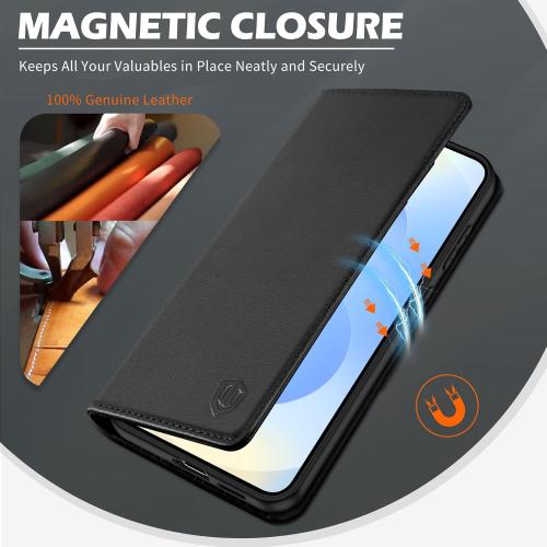 SHIELDON Wallet Case for Galaxy S25 Edge 6.7, Genuine Leather Folio Cover with Kickstand RFID Blocking Card Holder Magnetic Full Protective Case Compatible with Galaxy S25 Edge 2025 - Black