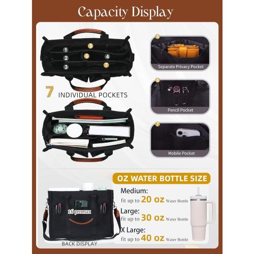 FIORETTO Canvas Tote Bag for Women with Zipper Closure & Individual Compartments for Work College for Teacher & Nurse