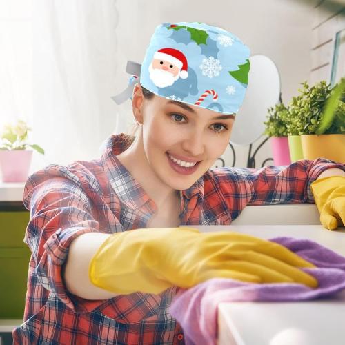 VIOQXI Scrub Cap for Women Medical Long Hair, 2 Packs Adjustable Ribbon Tie Ponytail Hats, Bouffant Surgical Cap Merry Christmas Santa Claus Snowman