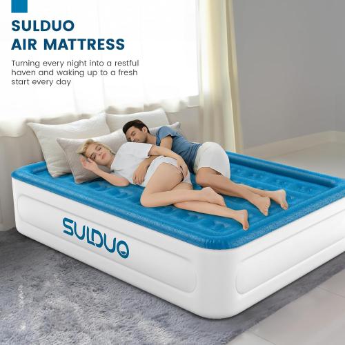 Luxury Air Mattress Queen with Built in Pump, 18'' High Double Blow Up Mattress, Self Inflating Air Bed with Flocked Top and Carry Bag, Durable Portable Airbed for Home Guest and Camping, Blue