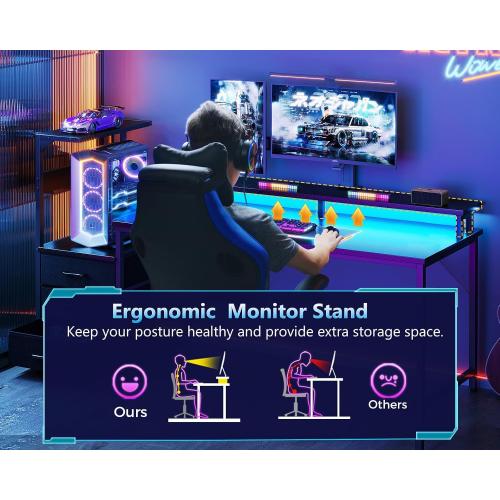 AODK Gaming Desk w/PC Showcase Stand, 59 Reversible, RGB LED, Black | Elevated stand fits Lian Li O11, Hyte Y60. Triple drawers hide cables, controllers, clutter