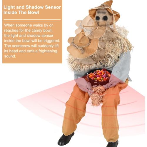 Halloween Decorations- 4Ft Scary Sitting Scarecrow with Spooky Sound Glowing Eyes, Animatronic Scary Props Decor for Home Party Indoor Porch Yard Decoration