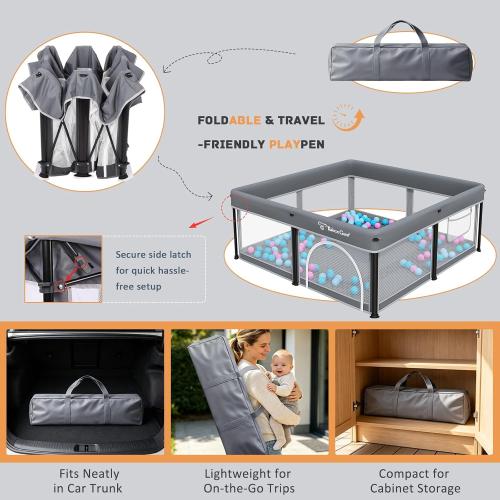 TOREVSIOR Foldable Baby Playpen with Mat, 50×50 Collapsible Play Pen for Babies and Toddlers, Indoor & Outdoor Kids Safety Play Pen, Portable Play Yard, Foldable Baby Playpen with 50 Ocean Balls