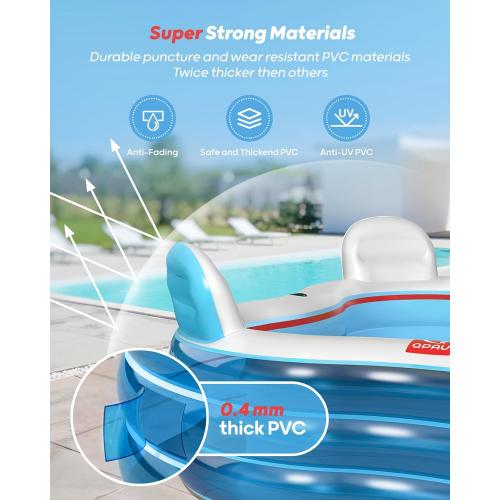 QPAU Inflatable Swimming Pool, Full-Sized Blow Up Pools with Seats and Backrests, Kiddie Pool for Outdoor & Backyard, for Family Summer Time Fun, Jelly Blue