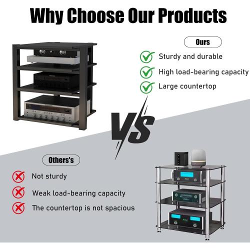 Heavy Duty Audio Rack Tower, Av Media Player Stand with Wooden Shelves, Black Cd Stereo Equipment Cabinet, Suitable for Home,Office/Audio Video/Theate (Black, 2 Tier)