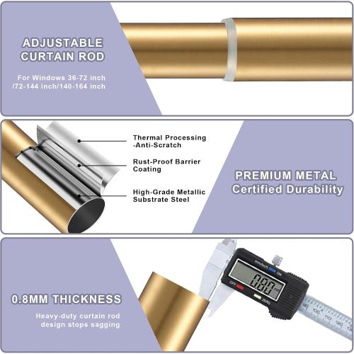 Double Curtain Rod 36 to 72 Inch,1 Inch Heavy Duty Curtain Rods for Windows with Solid Aluminum Cylindrical Finials and Bracket,1’’ Front and 5/8’’ Back Telescoping Double Drapery Rod,Warm Gold
