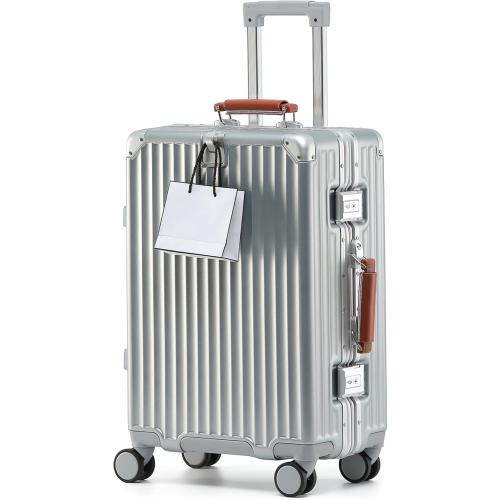 GREY 24-Inch Hardside Checked Luggage with Leather Handle, PC Zipperless Suitcase with Spinner Wheels and TSA Locks, Lightweight Checked Luggage for Travel, Silver
