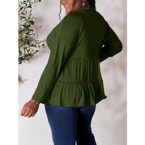 SIZE. XL.   Women's Casual Blouse Ruffle Layered Half Button Blouse Top Charcoal Lightweight Knit Fabric Long Sleeve Button-Front