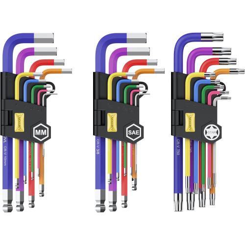 AMTOVL 27PCS Allen Key Set, Metric & SAE Allen Wrench Set, Extra Long Ball & Star End Hex Keys with T-Handle & Color Coding for Bicycle, Household DIY