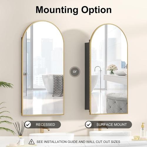 Size 16x31 Color brass Gold Recessed Medicine Cabinet Mirror,Brushed Brass Gold Arched Medicine Cabinet with Mirror for Bathroom,Metal Edge Mirrored Medicine Cabinets,in Wall Arch Mirrored Cabinets with Storage 16x31