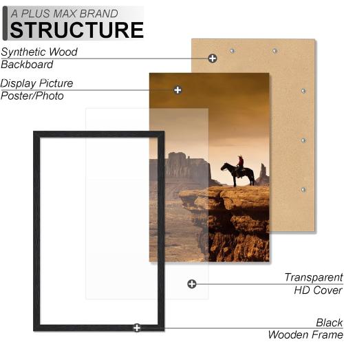Picture Frame, Black Engineered Wood Frame Picture Poster Photo, Light Weight with Wood-grain for Wall -