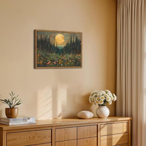 Vintage Forest Moon Wall Art, Nature Pine Tree Woodland Wall Decor Paintings, Dark Cottagecore Landscape 3D Textured Hand Drawn Sandstone Artwork for Bedroom Living Room 16x24 inch Wood Framed