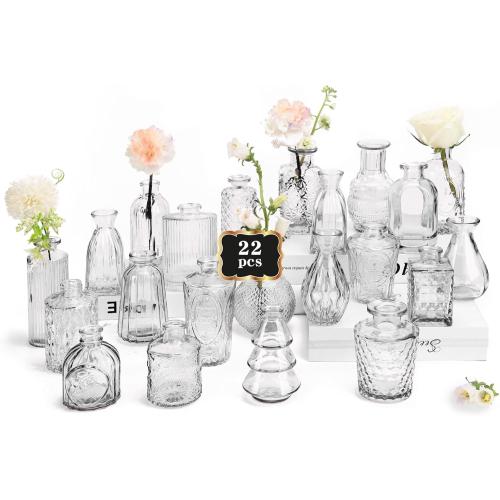 RUCKAE Small Clear Bud Vases Bulk 22 Pack Mini Flower Glass Vases for Centerpiece Table Wedding Decorations Home Decor Party(Transparent)