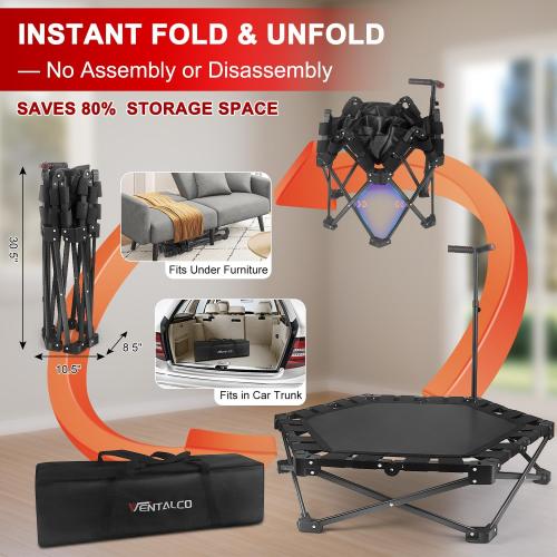 Foldable Mini Trampoline — One-Step Fold & Open, 42 Rebounder Trampoline for Adults & Kids, 450lbs Max Load, Adjustable T-Bar, Indoor & Outdoor Workout