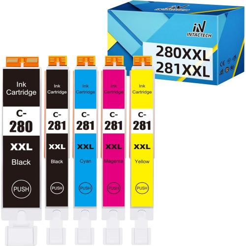 Intactech PGI-280 XXL CLI-281 XXL Compatible Ink Cartridges Replacement for Canon 280 281 Work with Pixma TS9120 TS6120 TS6220 TS8120 TR8520 TR7520 TS8220 TS9521C (5-Pack, PGBK/BK/C/M/Y)