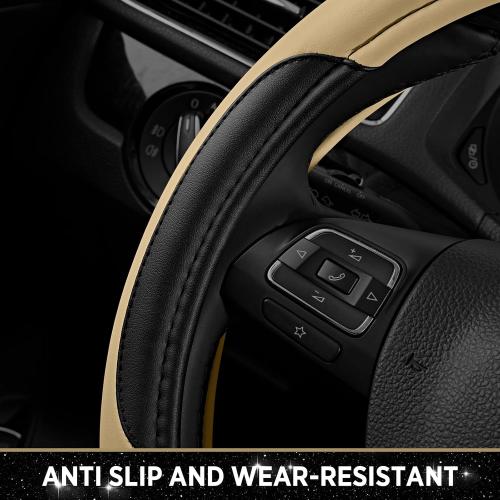 Road Comforts Leather Steering Wheel Cover - Made with PVC Leather - Anti-Slip, Universal Fit 14 1/2 inches to 15 inches - Beige