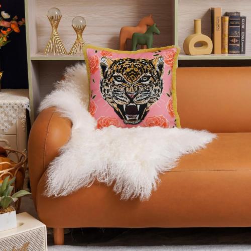 Tiger Floral Velvet Decorative Throw Pillow Cover 18x18 In Pink Pillow Covers Flower Animal Print Tiger Cushion Cover with Tassels Modern Decor Square Pillowcase for Sofa Couch Bedroom Living Room