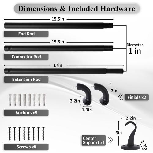 Wrap Around Black Curtain Rod for Windows 48-84 Inch, 1 Inch Heavy Duty Blackout Curtain Rod 34-95 Inches, Adjustable Curved Metal Drapery Rod, Matte Black