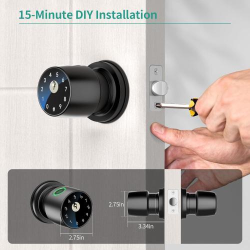 IRONZON Fingerprint Door Knob for Bedroom - 291Y 4-in-1 Keyless Bedroom Door Knob Smart Lock with App, One-tap Privacy Mode Setup, Auto-Lock Easy to Install - Matte Black