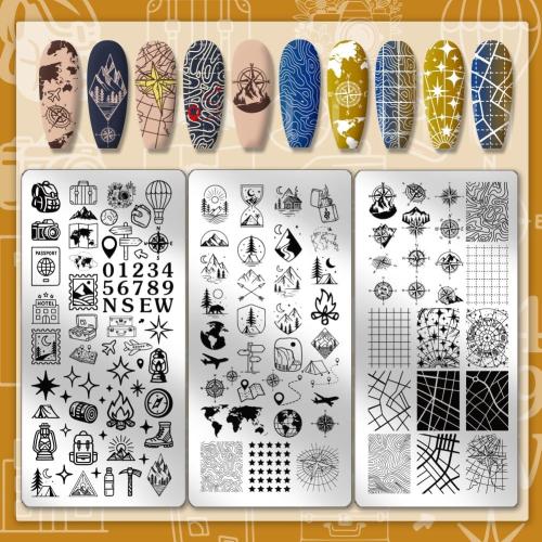 PH PandaHall 3pcs Travel Pattern Nail Stamp Plate Compass Map Pattern Print Art Template Stainless Steel Nail Image Plate Travel Theme Nails Art Stencils for Women DIY Printing 4.7x2.3 inch