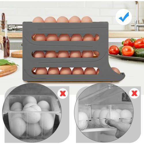 Egg Holder for Fridge, 4 Tiers Dispenser, 30 Egg Container Refrigerator, Large Capacity Organizer Automatic Fridge Rolling Egg Container for Pantry Countertop (Grey)