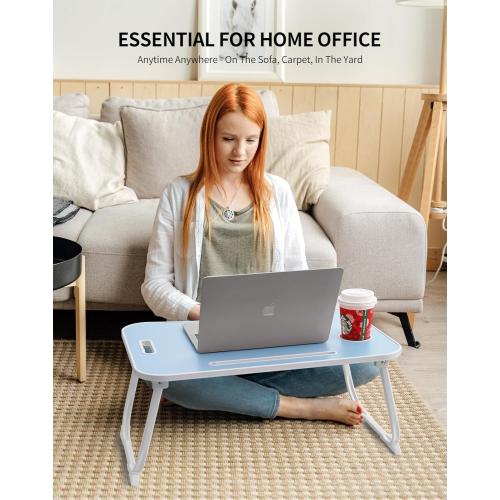 ZEAPTAC Laptop Bed Desk, Foldable Lap Desk, Portable Lap Table, Laptop Stand with Cup Holder & Tablet Slot & Lifting Handle for Working Writing Drawing & Eating - Blue