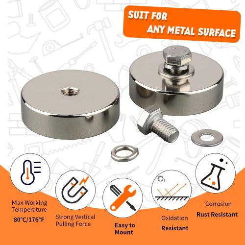 MUTUACTOR 120lb Neodymium Magnets Heavy Duty,2Pack Strong Rare Earth Magnets 1/4-20 Female Threaded Hole,Powerful Magnetic Mounting Round Magnet with Hole for Lighting,Camera,Garage Tools