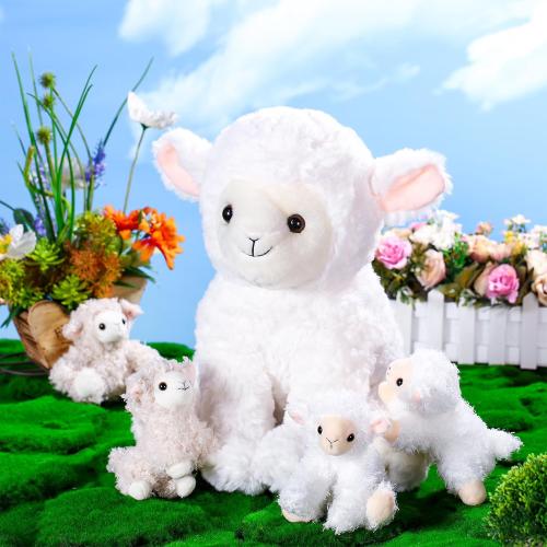 Lenwen 5 Pcs Lamb Stuffed Animal Toys Sets, 14 Inch Mommy Lamb Plush with 4 Cute Babies in Her Zippered Tummy Soft Cuddly Sheep Plushie for Farm Christmas Birthday Easter Gifts(Lovely Style)