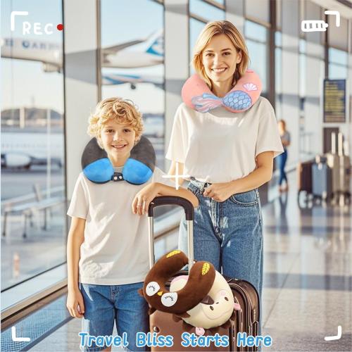 Sexysamba Travel Pillow for Kids Adults with Sleep Eye Mask Cute Cartoon U Shaped Memory Foam Neck Pillows for Travel Head Rest & Neck Support for Airplane, Car, Office Sleeping, Cream Hedgehog