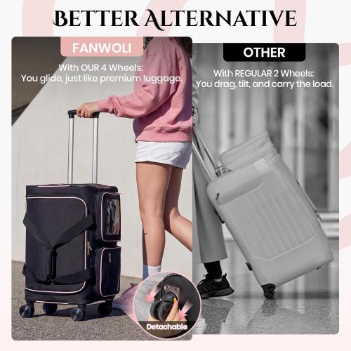Fanwoli 23 Dance Bag with Garment Rack 4 Wheels | Detachable 360° Wheels | Ultra-Light Collection | Ideal Competition Duffle Bag for Dream, Black with Pink Trim