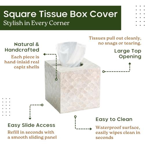 5.8” Capiz Tissue Box Cover, Square Decorative Tissue Holder with Bottom Slider, Handmade Bathroom Accessories, Elegant White Cube for Vanity, Bedroom, Office & Coastal Décor (Natural)