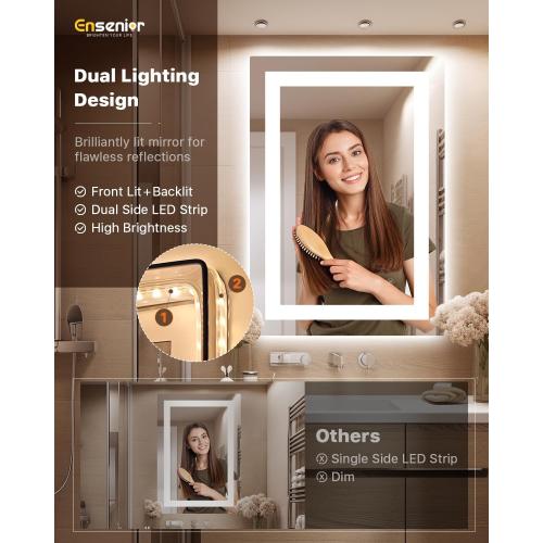 Ensenior LED Bathroom Mirror 30x 36 with Front and Backlight, Stepless Dimmable Wall Mirrors with Anti-Fog, Shatter-Proof, Memory, 3 Colors, Modern LED Vanity Mirror-FCC