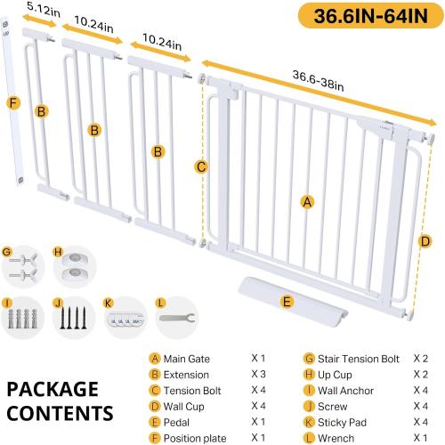 Cumbor 36.6-64 Extra Wide Baby Gate for Stairs, Dog Gates for Doorways, Auto-Close Pet Gate Indoor, Pressure Mounted Walk Through Safety Child Gate for Kids Toddler, Tall Pet Puppy Fence Gate, White