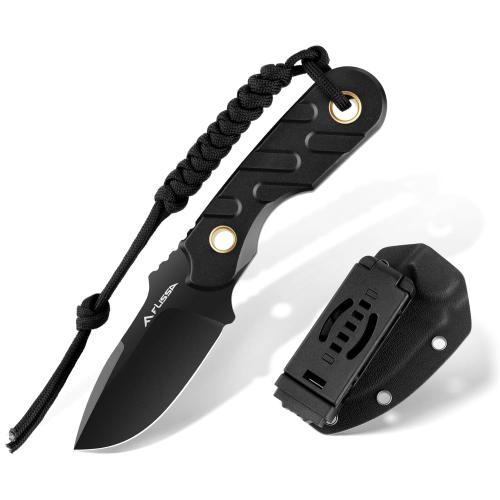 Black 7 FLISSA Fixed Blade Knife, 7 Inch Full Tang Hunting Knife with Kydex Sheath and Emergency Rope, Tactical Knife for Survival, Camping, Hiking(Black)