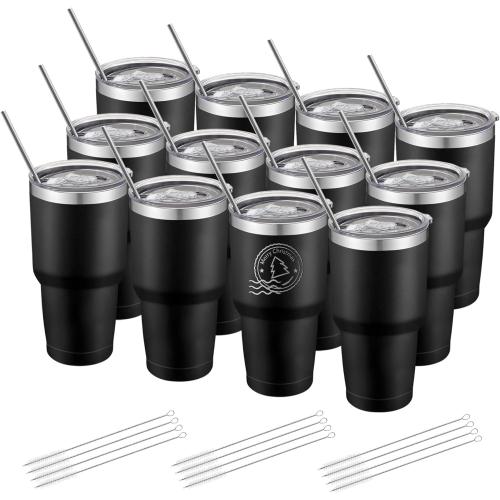 YOUKE OLA 12 Pack Insulated Tumbler Powder Coated Stainless Steel Double Wall Vacuum Travel Coffee Tumbler Cup with Lid and Straw for Laser Engrave DIY Gift 30oz Black