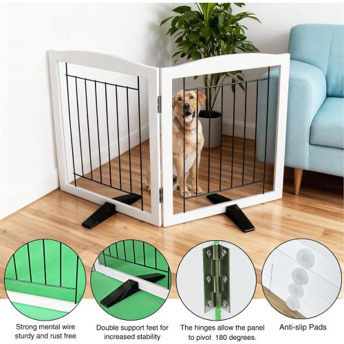 ZJSF Freestanding Dog Fence Indoor, Foldable Dog Gate for Doorways, Stairs or Hallways, Sturdy Wood Extra Wide Pet Gate with Support Feet for The House, White, 24 Height-2 Panels