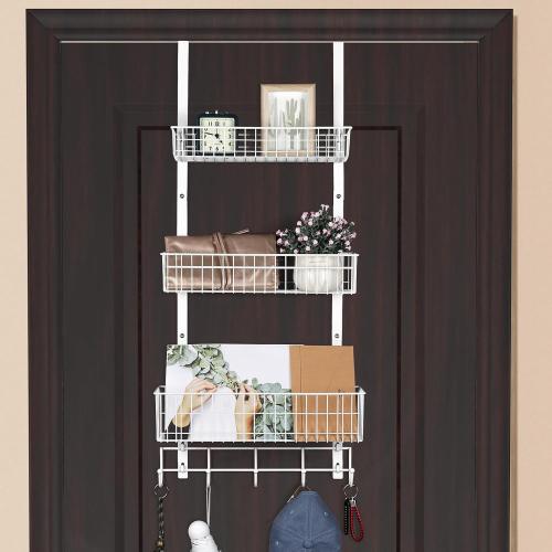 ETELI Over The Door Basket Organizer with 3 Mesh Baskets and 5 Hooks Heavy Duty Pantry Door Organizer Back of Door Storage Rack for Bathroom, Kitchen, Office, White