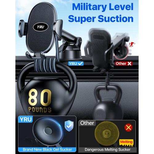 Color Black YRU [2025 Upgraded] Universal Car Phone Holder Mount【 360°Rotatable & Strong Suction】 Cell PhoneHolder Car Dashboard Windshield Phone Holder Dash Stand for iPhone 16 15 14 13 12 Samsung Truck, Black