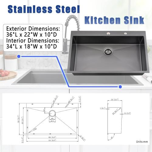 Size 36x22 Black Drop In Kitchen Sink and Faucet Combo Set - 36 Inch Black Stainless Steel Top Mount Kitchen Sink with Faucet, 10 Inch Deep Single Bowl Drop-in Sinks with Accessories