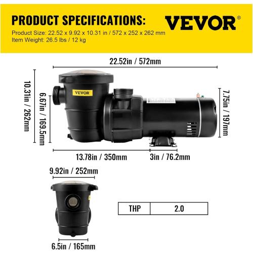 VEVOR Swimming Pool Pump, 2.0HP 115 V, 1500 W Single Speed Pumps for Above Ground Pool w/ Strainer Basket, 5400 GPH Max. Flow, Certification of ETL for Security