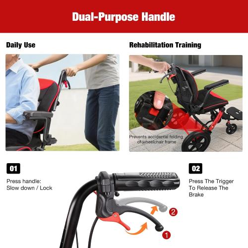 Wheelchairs for Adults,Transport Wheelchair Lightweight Foldable with Removable Cushion,Ergonomic Transfer Chair with 11-inch Rear Wheels for All Terrains,Travel Wheelchair,Red