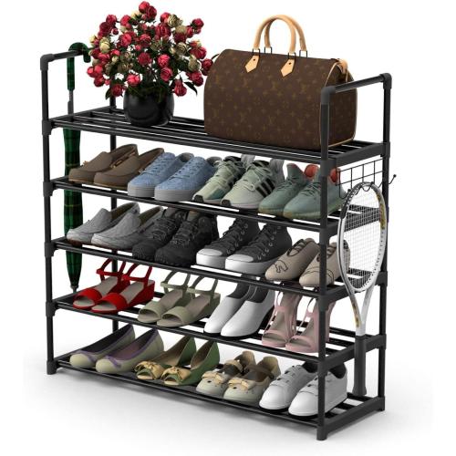 Hsscblet 5 Tiers Metal Shoe Rack,Adjustable Shoe Shelf Storage Organizer with Hooks,Stackable Boot & Shoe Storage,for Entryway,Hallway,Closet,Black