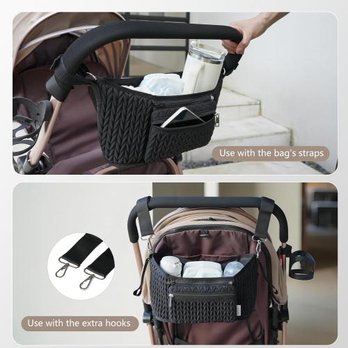 Stroller Organizer - Stylish Quilting Nylon, Universal Fit, Detachable Bag, Adjustable Multi-Storage for Baby Stroller and Pet Stroller（Black-A