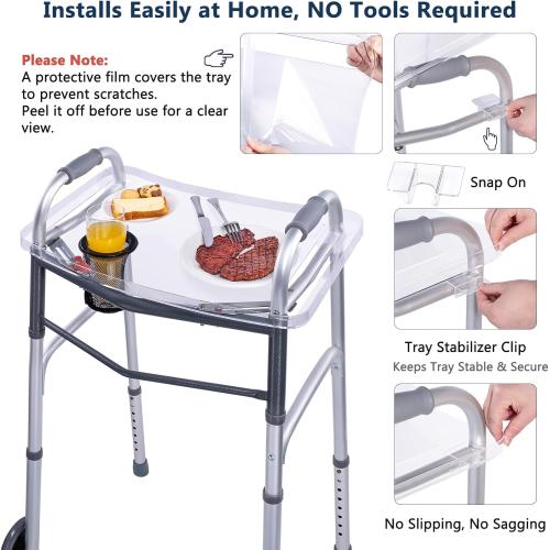 BAGSFY Clear Walker Tray Table with Cup Holder, Non-Slip Food Tray, Fits Standard Folding Walkers with Side Bars, Walker Accessories for Seniors, Supports Up to 10 lbs