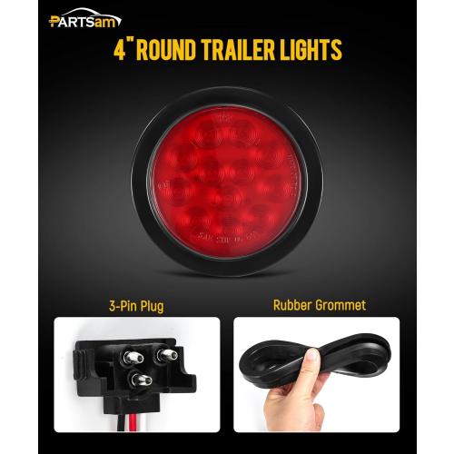 Partsam 6Pcs 4 Inch Round LED Trailer Tail Lights Kit - Round Led Stop Turn Tail Back-up Reverse Fog Lights 12 LED Include Lights Grommet 3-Prong Wire Pigtails for Truck Trailer RV(4 Red   2 White)