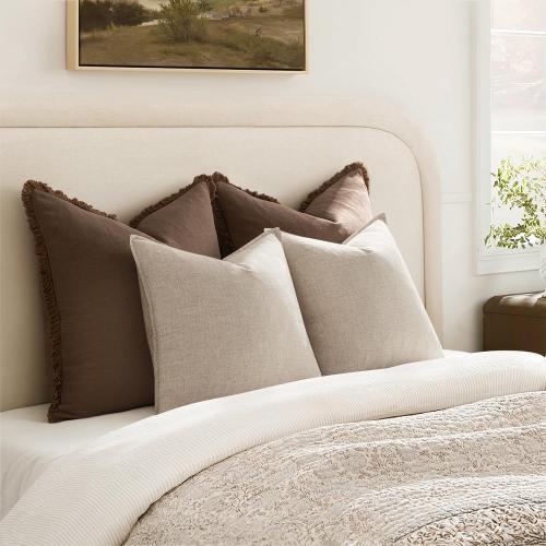 ANRODUO Decorative Linen Euro Pillow Covers 22x22 Natural Beige Pack of 2