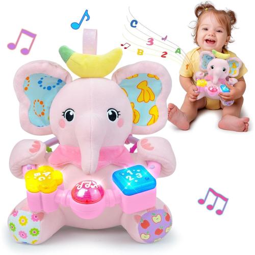 Baby Elephant Musical Stuffed Animals Toy with Light-Up Music & Crinkle Sound Paper,Infant Bilingual Early Learning Education Toys,Tummy Time Toys for 0-3-6-12  Months Boy Girl, Pink