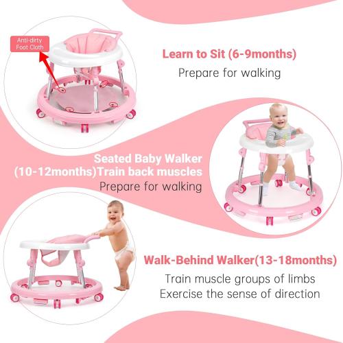 Pink Baby Walker Foldable with 9 Adjustable Heights, Baby Walker with Wheels Portable, Infant Toddler Walker for Baby Boy Girls 6-18 Months (Pink)