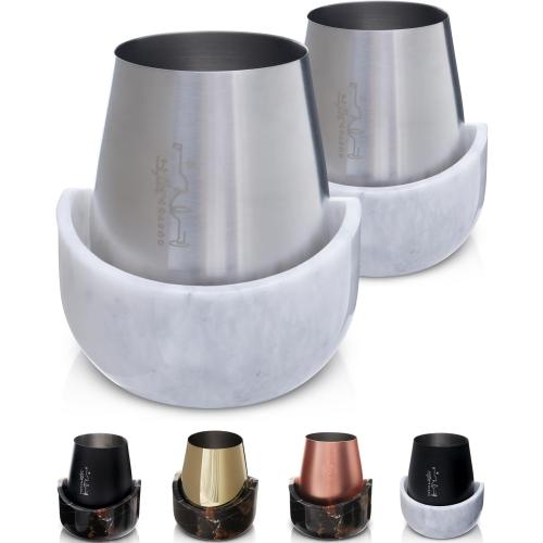 Set of 2 Color silver Gusto Nostro White Marble Wine Chiller for Glass and Stainless Steel Tumbler Set of 2 - Freezable Wine Glass Chiller Holder - Cool Set of Chillers and Stemless Metal Wine Tumblers for HomeBar (Silver)